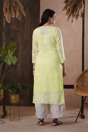 Hand Embroidered Lemon Kota Lucknow Chikankari Women Kurta With Slip