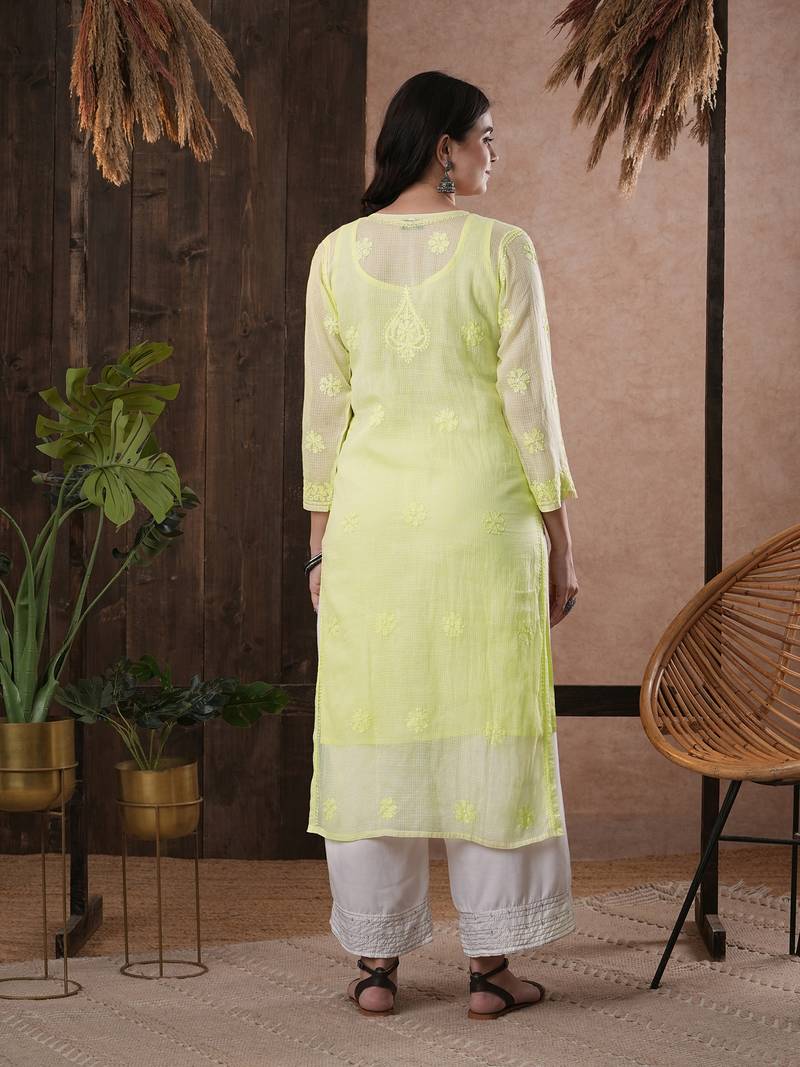 Hand Embroidered Lemon Kota Lucknow Chikankari Women Kurta With Slip