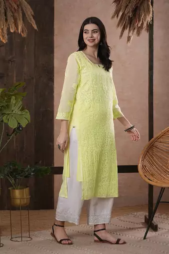 Hand Embroidered Lemon Kota Lucknow Chikankari Women Kurta With Slip