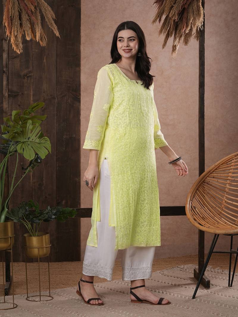 Hand Embroidered Lemon Kota Lucknow Chikankari Women Kurta With Slip