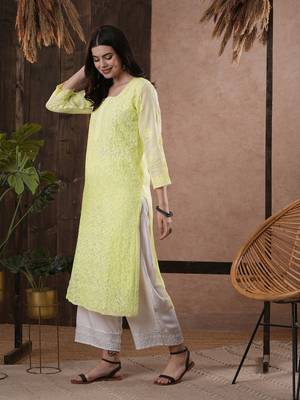 Hand Embroidered Lemon Kota Lucknow Chikankari Women Kurta With Slip 1