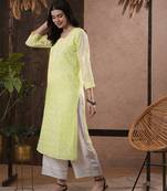 Hand Embroidered Lemon Kota Lucknow Chikankari Women Kurta With Slip
