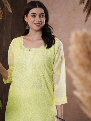 Hand Embroidered Lemon Kota Lucknow Chikankari Women Kurta With Slip 5