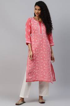 Ada Hand Embroidered Carrot Pink Cotton Lucknow Chikankari Women Kurta - A411210