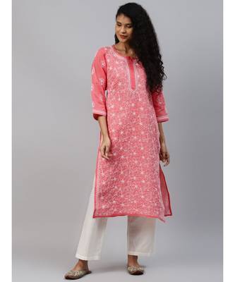 Ada Hand Embroidered Carrot Pink Cotton Lucknow Chikankari Women Kurta - A411210 1