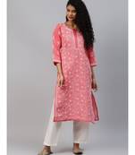 Ada Hand Embroidered Carrot Pink Cotton Lucknow Chikankari Women Kurta - A411210