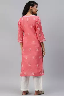 Ada Hand Embroidered Carrot Pink Cotton Lucknow Chikankari Women Kurta - A411210