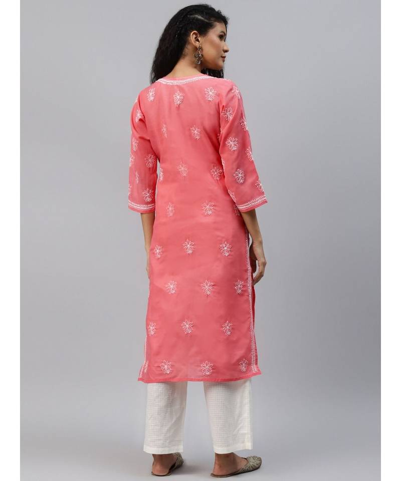 Ada Hand Embroidered Carrot Pink Cotton Lucknow Chikankari Women Kurta - A411210