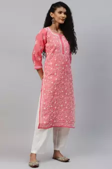 Ada Hand Embroidered Carrot Pink Cotton Lucknow Chikankari Women Kurta - A411210