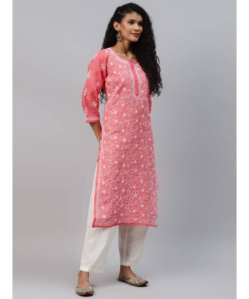 Ada Hand Embroidered Carrot Pink Cotton Lucknow Chikankari Women Kurta - A411210