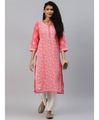 Ada Hand Embroidered Carrot Pink Cotton Lucknow Chikankari Women Kurta - A411210 4