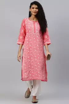 Ada Hand Embroidered Carrot Pink Cotton Lucknow Chikankari Women Kurta - A411210