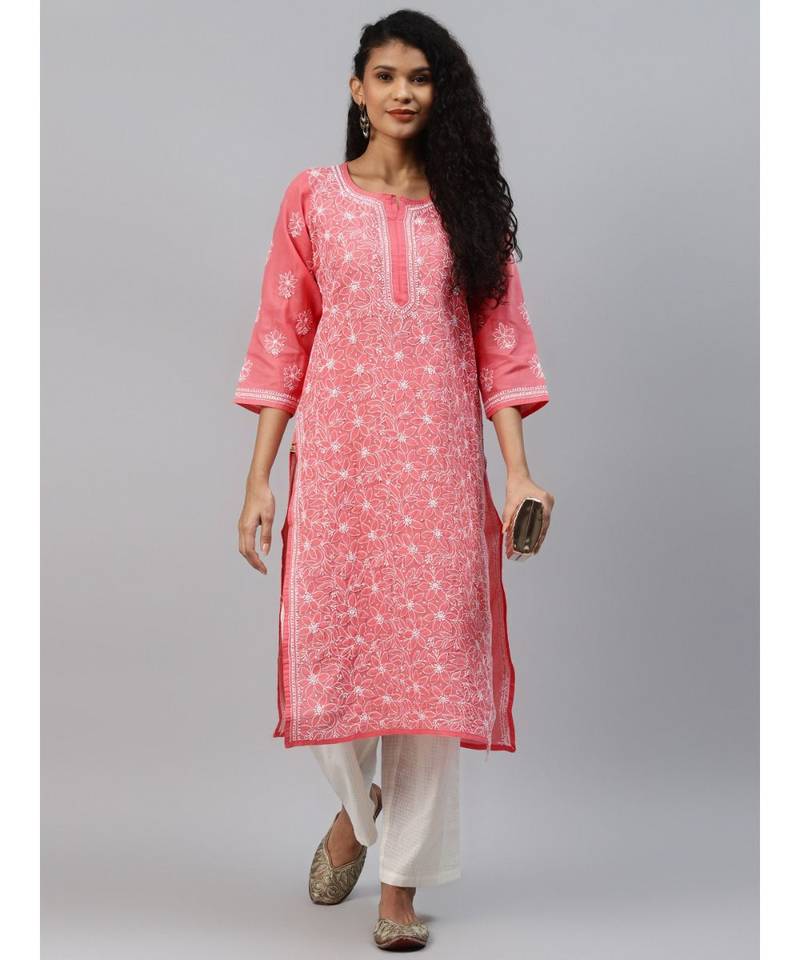 Ada Hand Embroidered Carrot Pink Cotton Lucknow Chikankari Women Kurta - A411210