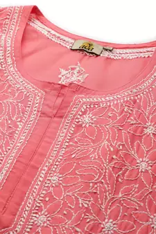Ada Hand Embroidered Carrot Pink Cotton Lucknow Chikankari Women Kurta - A411210