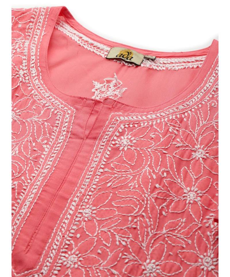 Ada Hand Embroidered Carrot Pink Cotton Lucknow Chikankari Women Kurta - A411210