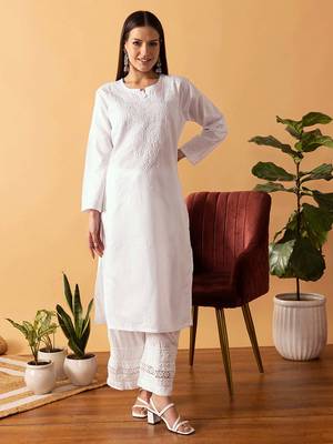 Hand Embroidered White Cotton Lucknowi Chikankari Women Kurta 2