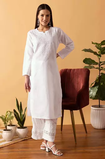 Hand Embroidered White Cotton Lucknowi Chikankari Women Kurta