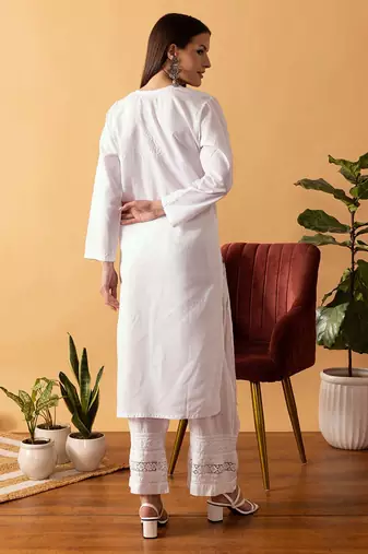 Ada Hand Embroidered White Cotton Lucknowi Chikankari Women Kurta - A100351