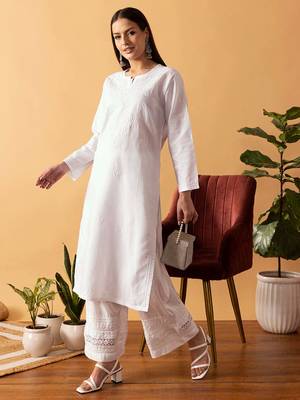 Hand Embroidered White Cotton Lucknowi Chikankari Women Kurta 4