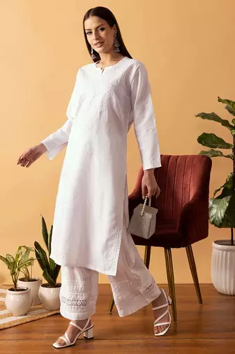 Hand Embroidered White Cotton Lucknowi Chikankari Women Kurta