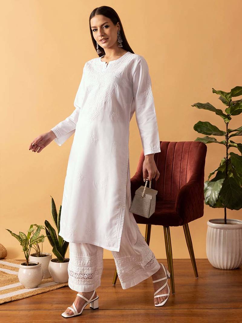 Hand Embroidered White Cotton Lucknowi Chikankari Women Kurta