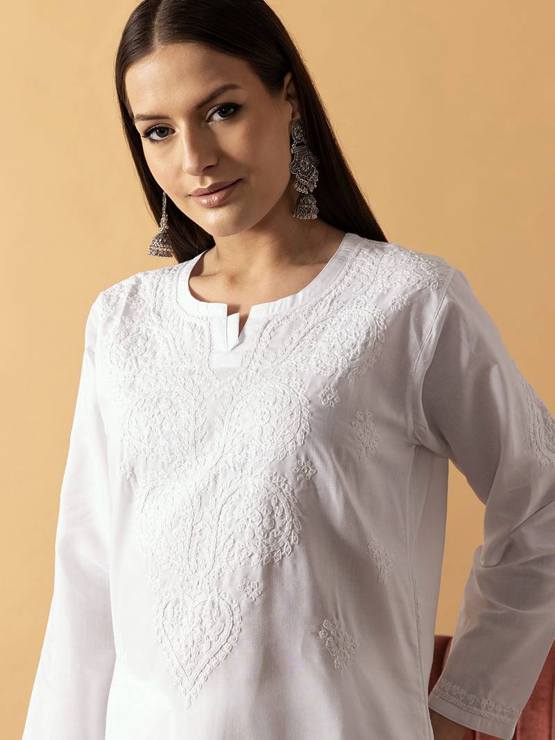 Hand Embroidered White Cotton Lucknowi Chikankari Women Kurta