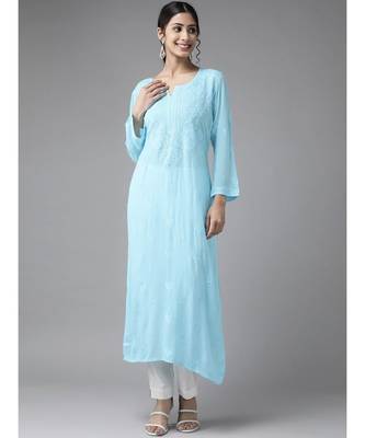 Hand Embroidered Blue Georgette Lucknow Chikankari Women Kurta 1