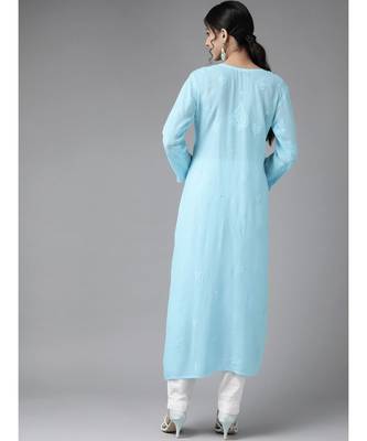 Hand Embroidered Blue Georgette Lucknow Chikankari Women Kurta 2