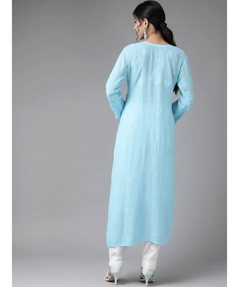 Hand Embroidered Blue Georgette Lucknow Chikankari Women Kurta