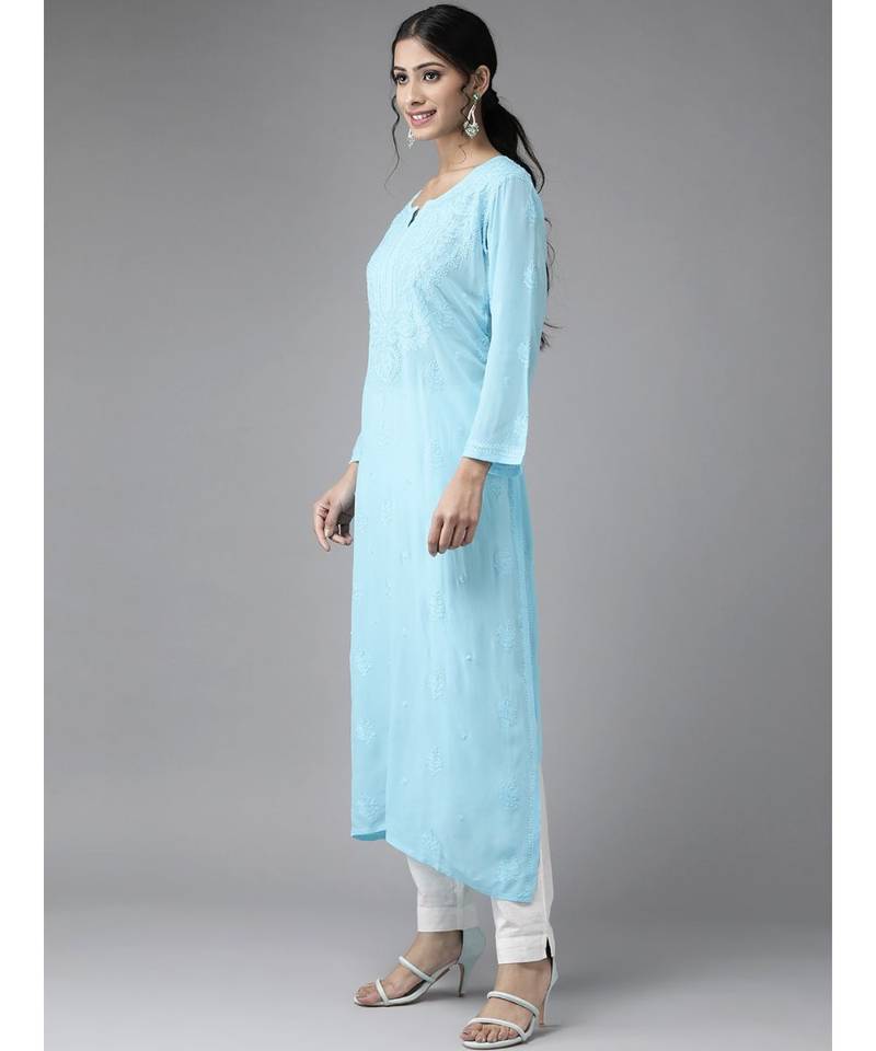 Hand Embroidered Blue Georgette Lucknow Chikankari Women Kurta