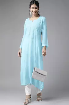 Hand Embroidered Blue Georgette Lucknow Chikankari Women Kurta
