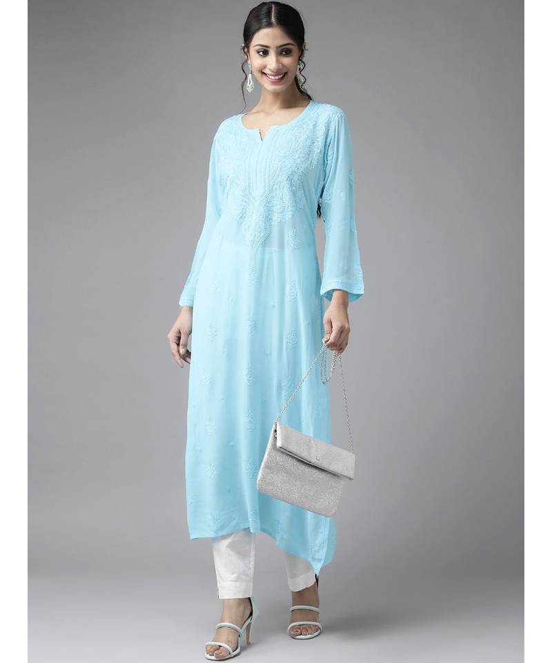 Hand Embroidered Blue Georgette Lucknow Chikankari Women Kurta