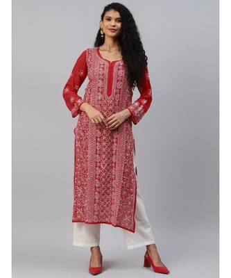 Hand Embroidered Red Georgette Lucknow Chikankari Women Kurta-Slip With Muqaish Work 1