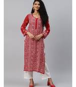 Hand Embroidered Red Georgette Lucknow Chikankari Women Kurta-Slip With Muqaish Work