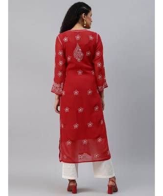 Hand Embroidered Red Georgette Lucknow Chikankari Women Kurta-Slip With Muqaish Work 2