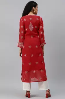 Hand Embroidered Red Georgette Lucknow Chikankari Women Kurta-Slip With Muqaish Work