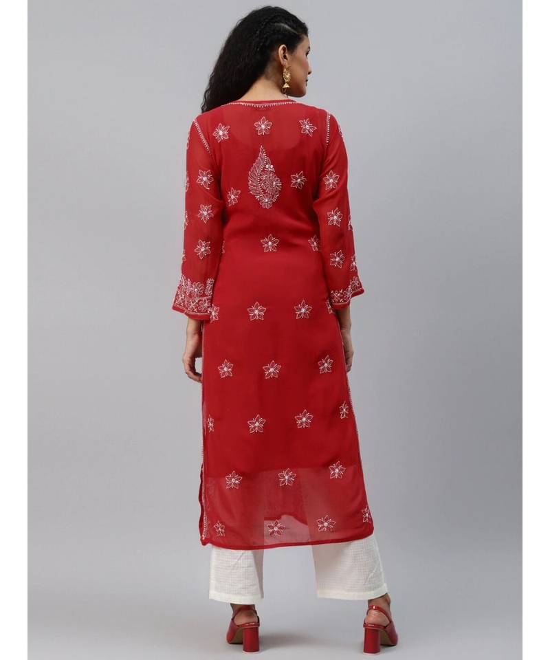 Hand Embroidered Red Georgette Lucknow Chikankari Women Kurta-Slip With Muqaish Work