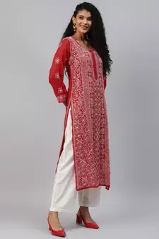 Hand Embroidered Red Georgette Lucknow Chikankari Women Kurta-Slip With Muqaish Work