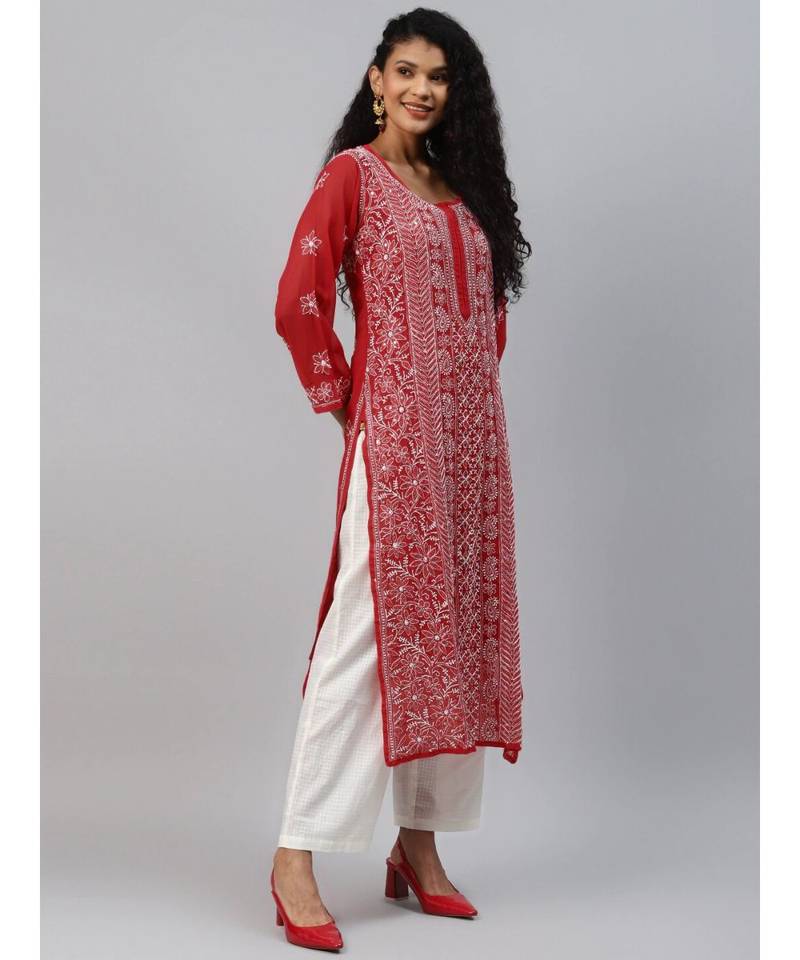 Hand Embroidered Red Georgette Lucknow Chikankari Women Kurta-Slip With Muqaish Work