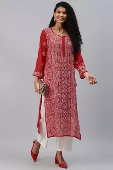Hand Embroidered Red Georgette Lucknow Chikankari Women Kurta-Slip With Muqaish Work