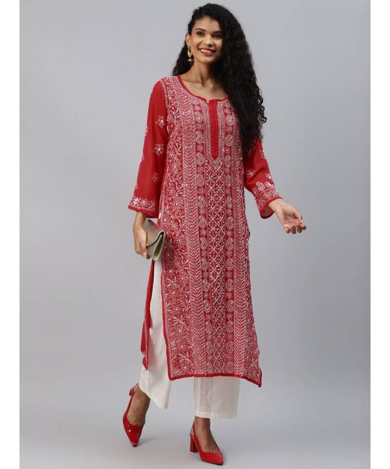 Hand Embroidered Red Georgette Lucknow Chikankari Women Kurta-Slip With Muqaish Work
