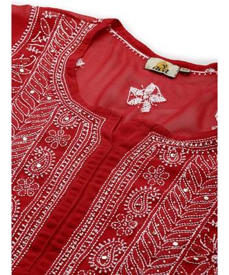 Hand Embroidered Red Georgette Lucknow Chikankari Women Kurta-Slip With Muqaish Work 5