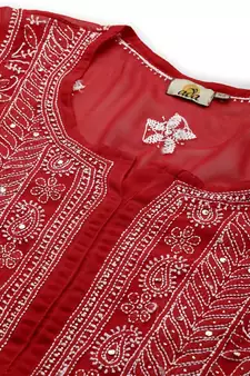 Hand Embroidered Red Georgette Lucknow Chikankari Women Kurta-Slip With Muqaish Work