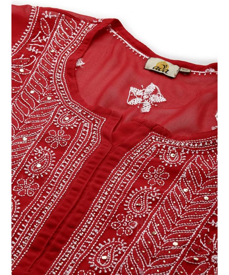 Hand Embroidered Red Georgette Lucknow Chikankari Women Kurta-Slip With Muqaish Work