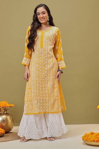 Hand Embroidered Mustard Georgette Lucknow Chikankari Women Kurta/Slip With Muqaish Work