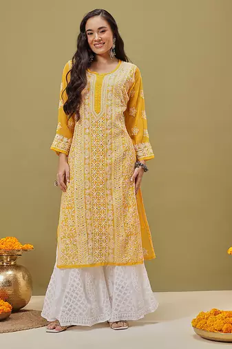 Hand Embroidered Mustard Georgette Lucknow Chikankari Women Kurta/Slip With Muqaish Work