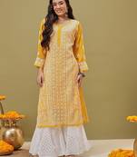 Hand Embroidered Mustard Georgette Lucknow Chikankari Women Kurta/Slip With Muqaish Work