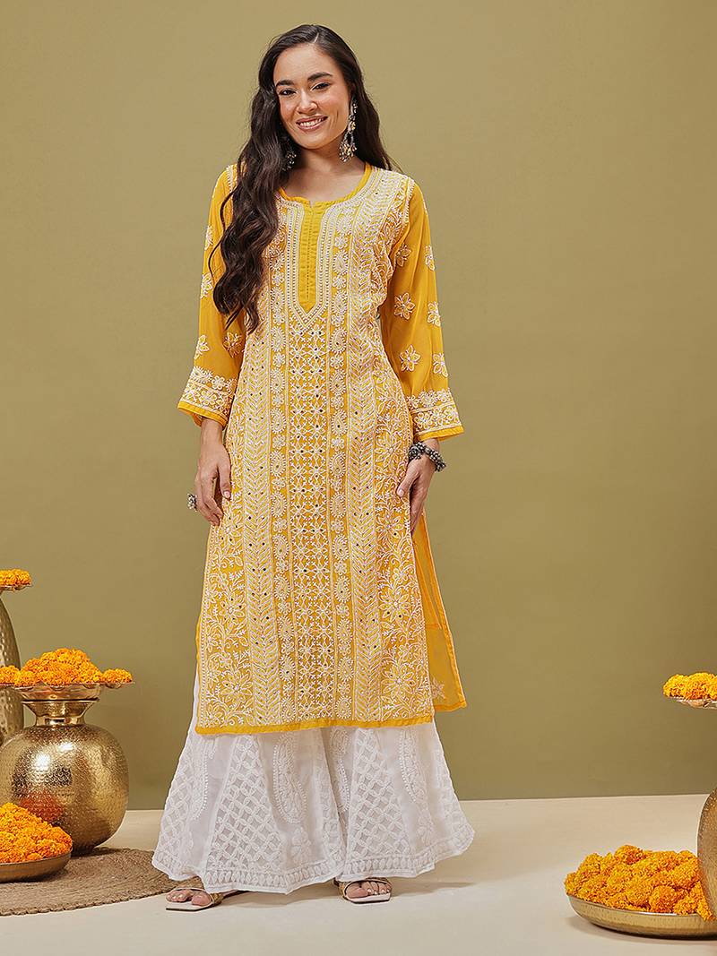 Hand Embroidered Mustard Georgette Lucknow Chikankari Women Kurta/Slip With Muqaish Work