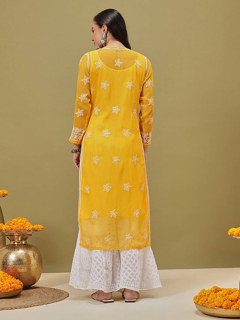 Hand Embroidered Mustard Georgette Lucknow Chikankari Women Kurta/Slip With Muqaish Work