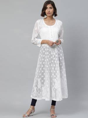 Ada Hand Embroidered White Kota Lucknowi Chikan Women Kurta - A411120 1